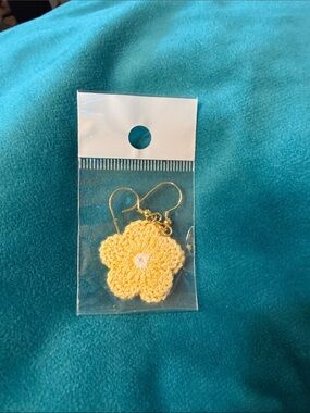 Yellow Crochet Flower Drop Earrings with Gold Hooks